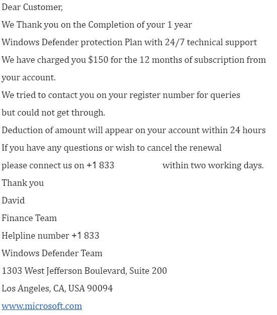 Windows Defender Fake Email